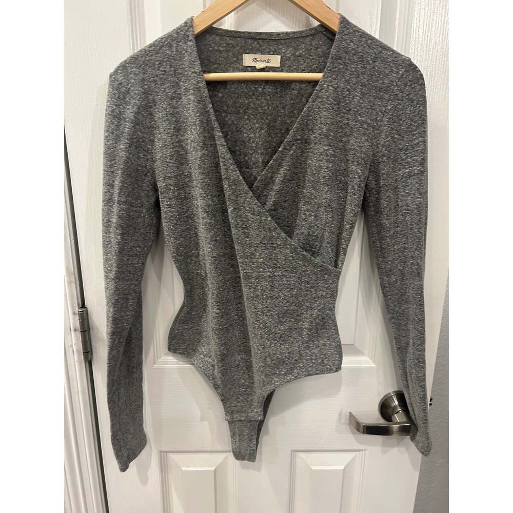 Madewell Gray Marl Long Sleeve Wrap Bodysuit Surplice‎ V-Neck Thong Snap Small